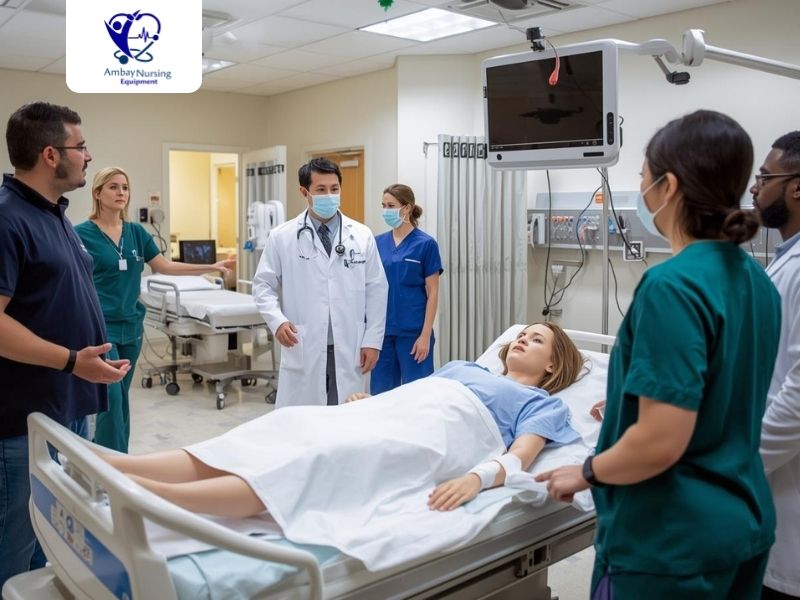 Doctors and nurses practice patient care around a medical manikin in a simulation lab.