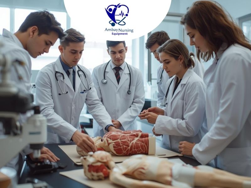 Students practicing medical anatomy.