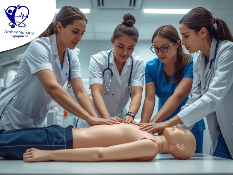 Nursing students practicing CPR on manikin