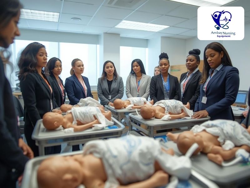 Nursing students practicing newborn care on training manikins
