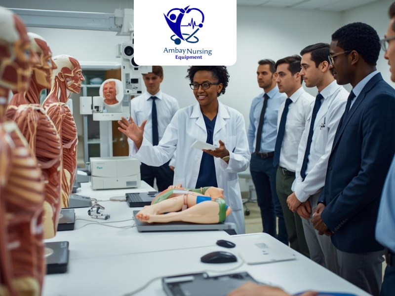 Healthcare students practicing with medical simulation equipment